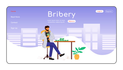 Poster - Bribery landing page flat color vector template. Unlawful profit. Stolen budget funds. Corruption. Homepage layout. One page website interface with cartoon character. Web banner, webpage
