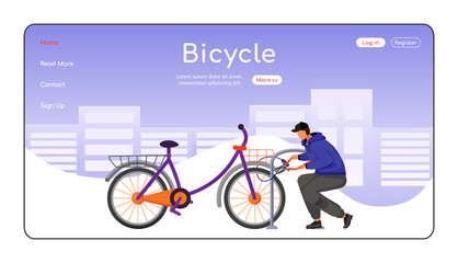 Poster - Bicycle landing page flat color vector template. Man stealing street vehicle. Thief cutting bike security lock. Homepage layout. One page website interface with cartoon character. Web banner, webpage