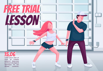 Contemp free trial lessons banner flat vector template. Brochure, poster concept design with cartoon characters. Modern dance studio classes horizontal flyer, leaflet with place for text