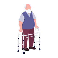 Poster - Old man using walker flat color vector faceless character. Grandfather walking with helper equipment. Elderly male with crutches isolated cartoon illustration for web graphic design and animation