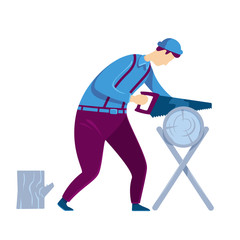 Carpenter flat color vector faceless character. Man hand sawing tree trunk. Craftsman with timber. Lumberjack work process. Workshop desk. Home repair isolated cartoon illustration