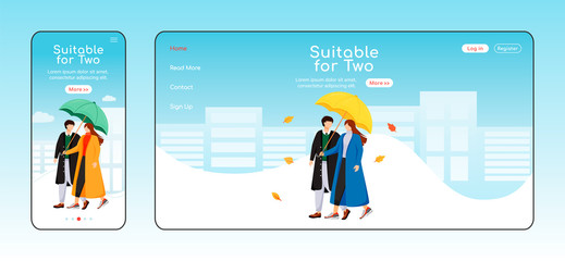 Poster - Suitable for two umbrella landing page flat color vector template. Mobile display. Couple in coats homepage layout. Wet day one page website interface, cartoon character. Rainy weather banner, webpage