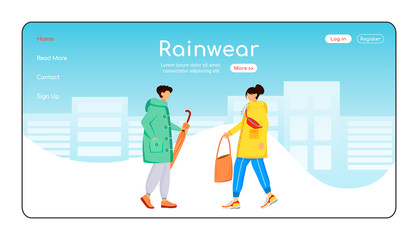 Poster - Rainwear landing page flat color vector template. Raincoat and boots homepage layout. Male with leaves one page website interface with cartoon character. Rainy day web banner, webpage