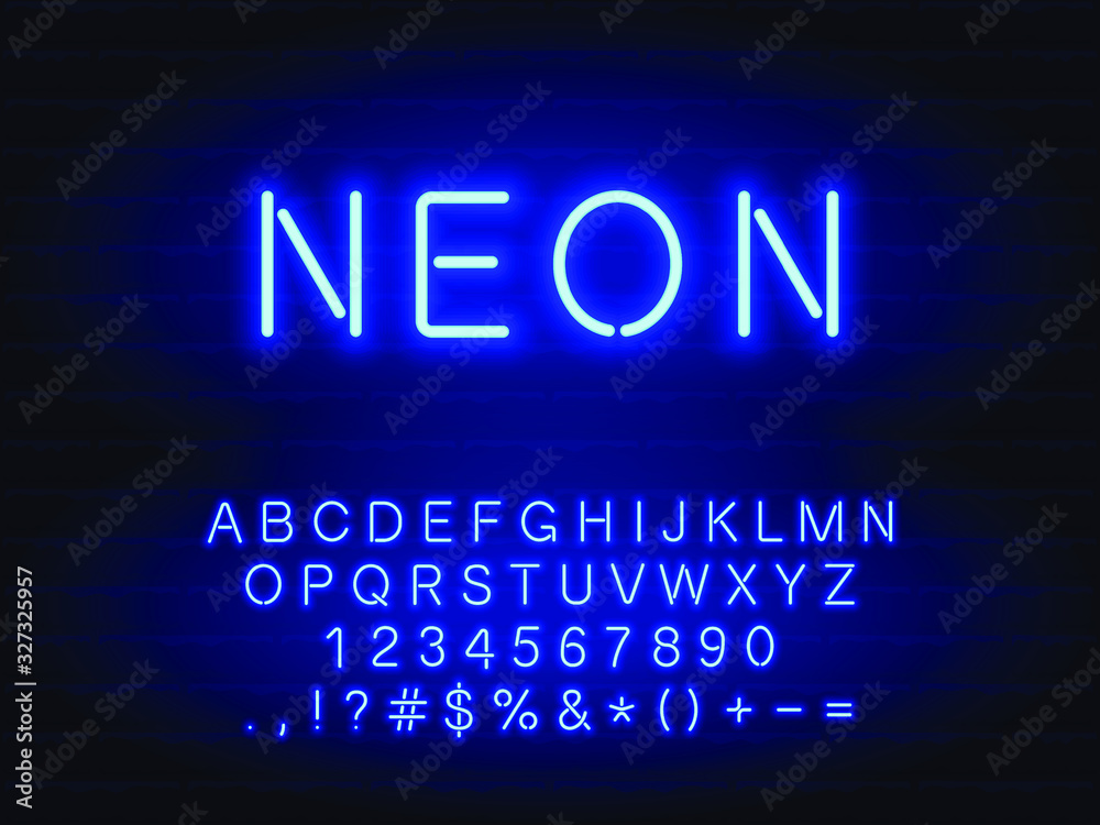Set of bold blue neon font. Letters, numerals, signs, icons with ...