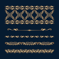 Wall Mural - Vintage gold border patterns on dark blue background. Set of dividers and scroll design elements in baroque style. Elegant decoration for book cover or packaging design.