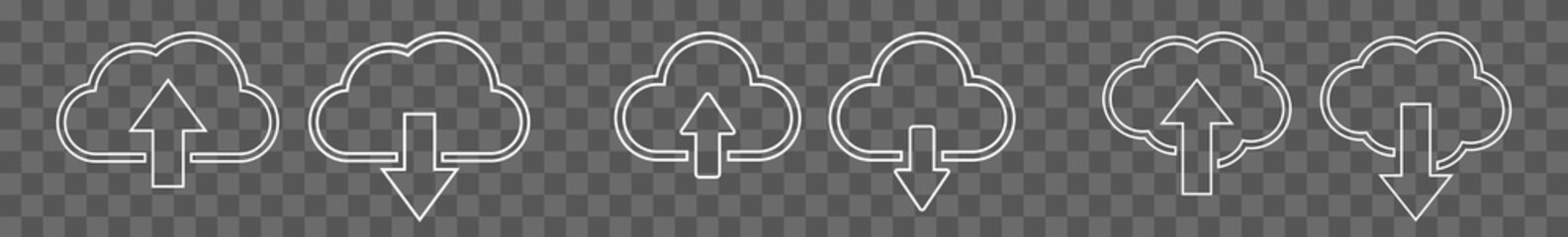 Wall Mural - Cloud Upload Download Icon White Line | Clouds Arrow Up Down Illustration | Computing Storage Symbol |  Server Data Internet Logo | IT Service Sign | Isolated | Variations