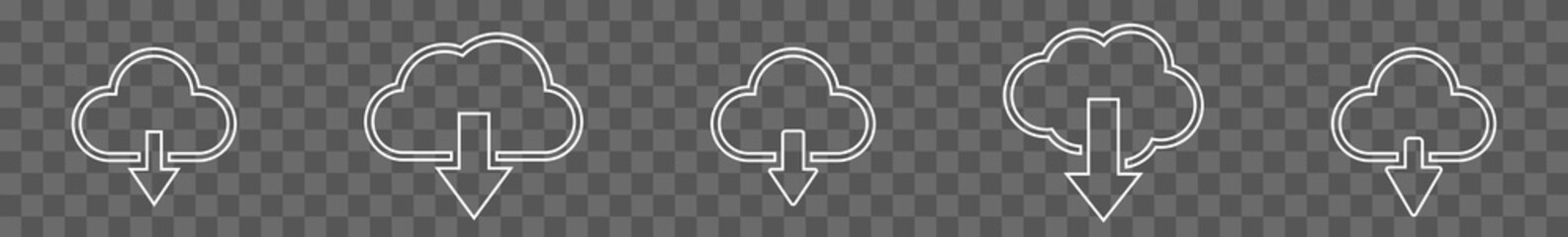 Wall Mural - Cloud Download Icon White Line | Clouds Arrow Down Illustration | Computing Storage Symbol |  Server Data Internet Logo | IT Service Sign | Isolated | Variations
