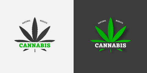 Poster - Organic cbd and thc graphic label template, on white and black background with the inscription on a green leaf of grass.