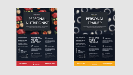 Leinwandbilder - Leaflet design on a black background, for the presentation of a personal trainer, nutritionist.