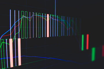 Stock market trading graph and candlestick chart on screen for businese financial investment concept. Economy trends background. Abstract finance and invest background.