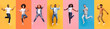 Leinwandbild Motiv Collage of cheerful jumping multinational people in air on color background, panorama