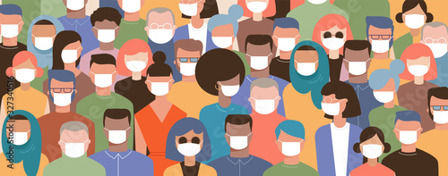 Fotografía Crowd on the street wearing masks to prevent disease, coronavirus, flu, air pollution, contaminated air, world pollution