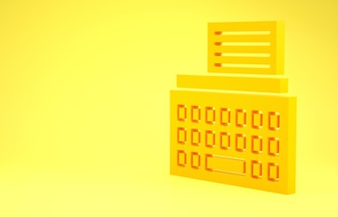 Yellow Retro typewriter and paper sheet icon isolated on yellow background. Minimalism concept. 3d illustration 3D render
