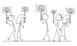 Vector cartoon stick figure drawing conceptual illustration of crowd of people walking on the street holding signs with brain image showing their intellect. Concept of human intelligence.