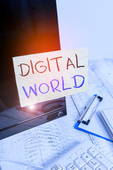 Poster - Conceptual hand writing showing Digital World. Concept meaning Inter connected through digital devices and social media Note paper taped to black screen near keyboard stationary