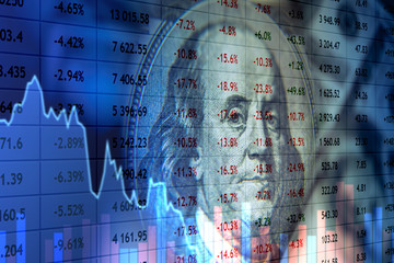 Poster - Economy of the United States. Quotes and graphs on the background of Franklin. Concept - Fall of the US economy. Crisis in America. Fall in the value of US government bonds. World economic crisis