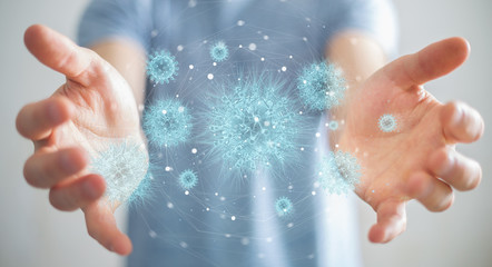 Poster - Man analyzing bacteria with digital holographic projection close-up 3D rendering