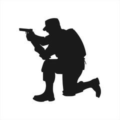 A crouching military army soldier or police swat man or person aiming a gun or handgun or pistol weapon silhouette shadow. War troops icon or symbol - Simple vector illustration