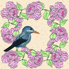 Frame With Flowers, Bird And Leaves.