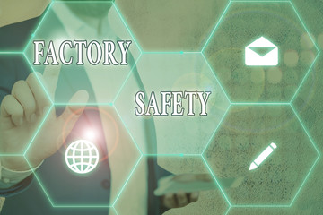 Poster - Conceptual hand writing showing Factory Safety. Concept meaning minimize risk of worker injury while doing production tasks