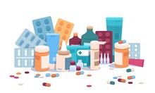 Flat bottles and pills. Medicine pills capsules and blisters, medical supplements and drugs addiction concept. Vector cartoon illustration pharmaceutical flat medication objects
