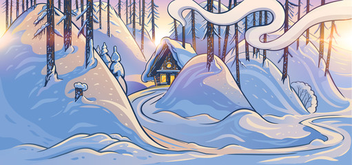 Wall Mural - Winter forest landscape with hills and forest hut. Raster illustration