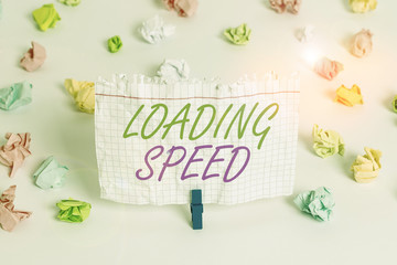 Poster - Handwriting text writing Loading Speed. Conceptual photo time takes to download and display the content of a web page Colored crumpled papers empty reminder white floor background clothespin