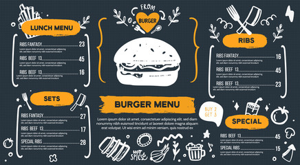 Burger menu with doodle icons and sketch burger, food background, chackboard cafe design, grill brochure, cooking flyer