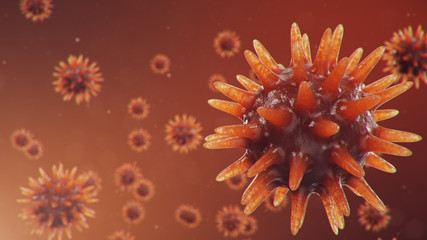 Wall Mural - Outbreak of coronavirus, flu virus and 2019-nCov. Concept of a pandemic, epidemic for human cells. COVID-19 under the microscope, pathogen affecting the respiratory system, 3d illustration