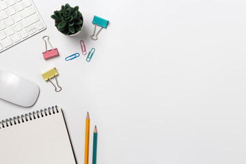 Top view, Workspace desk With coffee and office supplies on white background