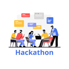 Poster - People working together hackathon vector flat illustration. Cartoon characters work as team development application and software isolated on white background. Programmers work with data