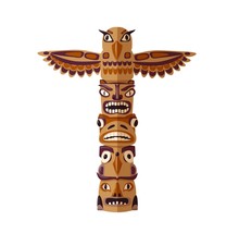 Native American Totem Wooden Symbol Animal Plant Representation Vector Graphic Illustration. Cartoon Craft Mystic Sign Family Clan Tribe With Eagle On Top Isolated On White Background