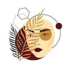 Futuristic Female Face Collage With Palm Tree Branch And Different Geometric Shapes Vector Flat Illustration. Abstract Colorful Woman Portrait With Bright Makeup Front View Isolated On White