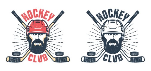 Wall Mural - Hockey player with beard and crossed sticks - vintage sport emblem. Grunge texture on separate layer. Vector illustration.