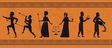 Realistic Antique Greek Ornament Vector Flat Illustration. Different People Athletic Man, Elegance Woman, Warrior, Waiter, Servant Person Decorated With Frame Isolated On Orange Background