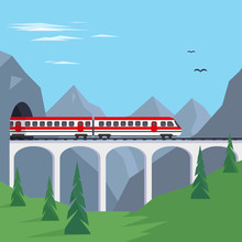 Train On Bridge In Mountains.