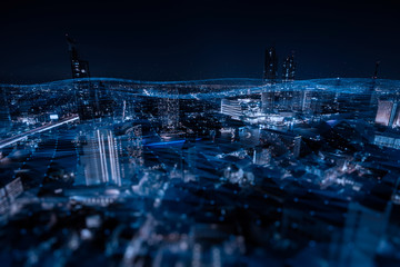 Fototapete - Energy Digitalization Smart city with Wireless network and Connection technology concept with Abstract Bangkok city background