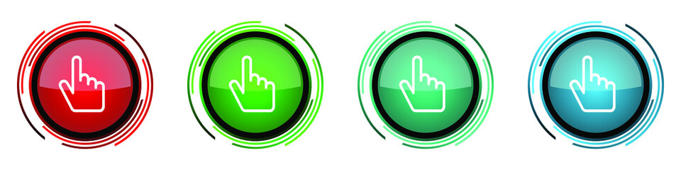 Poster - Cursor hand round glossy vector icons, set of buttons for webdesign, internet and mobile phone applications in four colors options isolated on white background