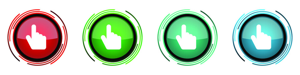 Poster - Cursor hand round glossy vector icons, set of buttons for webdesign, internet and mobile phone applications in four colors options isolated on white background