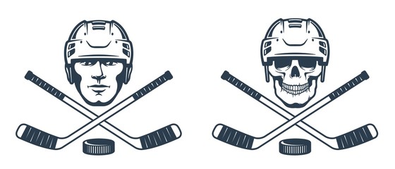 Wall Mural - Hockey skull logo with crossed sticks. Ice hockey player in helmet - retro abstract emblem. Vector illustration.