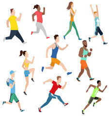 collection of running man and women in flat design style. sport. run. active fitness. exercise and a