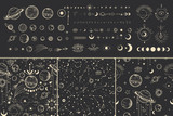 Fototapeta Kosmos - Vector illustration set of moon phases. Different stages of moonlight activity in vintage engraving style. Zodiac Signs