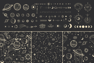 vector illustration set of moon phases. different stages of moonlight activity in vintage engraving 