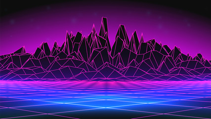 Wall Mural - Synthwave Background. 80s Mountain. Pink Grid. Free Space for your Design. Wireframe Computer Landscape. Blue Neon Glow. Sci-fi Style. Banner, Poster, Flyer, Print Template. Stock Vector Illustration