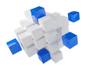 Blue cubes from heap of white cubes over white background - software module, teamwork or standing out from the crowd leadership concept