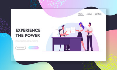 Poster - Leadership, Authority, Effective and Productive Management Website Landing Page. Company Boss Sitting at Office Desk Giving Task to Business Employees Web Page Banner. Cartoon Flat Vector Illustration