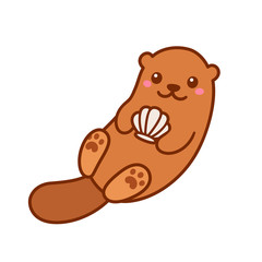 Wall Mural - cute cartoon otter with seashell