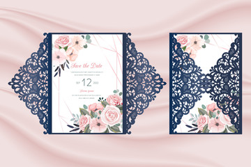 Wall Mural - Laser cut wedding invitation openwork template vector with an internal card with roses. Cutout paper gate fold card with pattern of roses on the fabric with folds background .