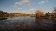 UK Flooded River In Yorkshire.  Footage Of The River Wharf In Otley, Yorkshire, UK At High Level During The Flooding
