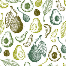 Avocados Vector Seamless Pattern. Hass Avocado Or Bilse Avocado Variety. Background With California Tropical Fruit. Hand Drawn Illustration
